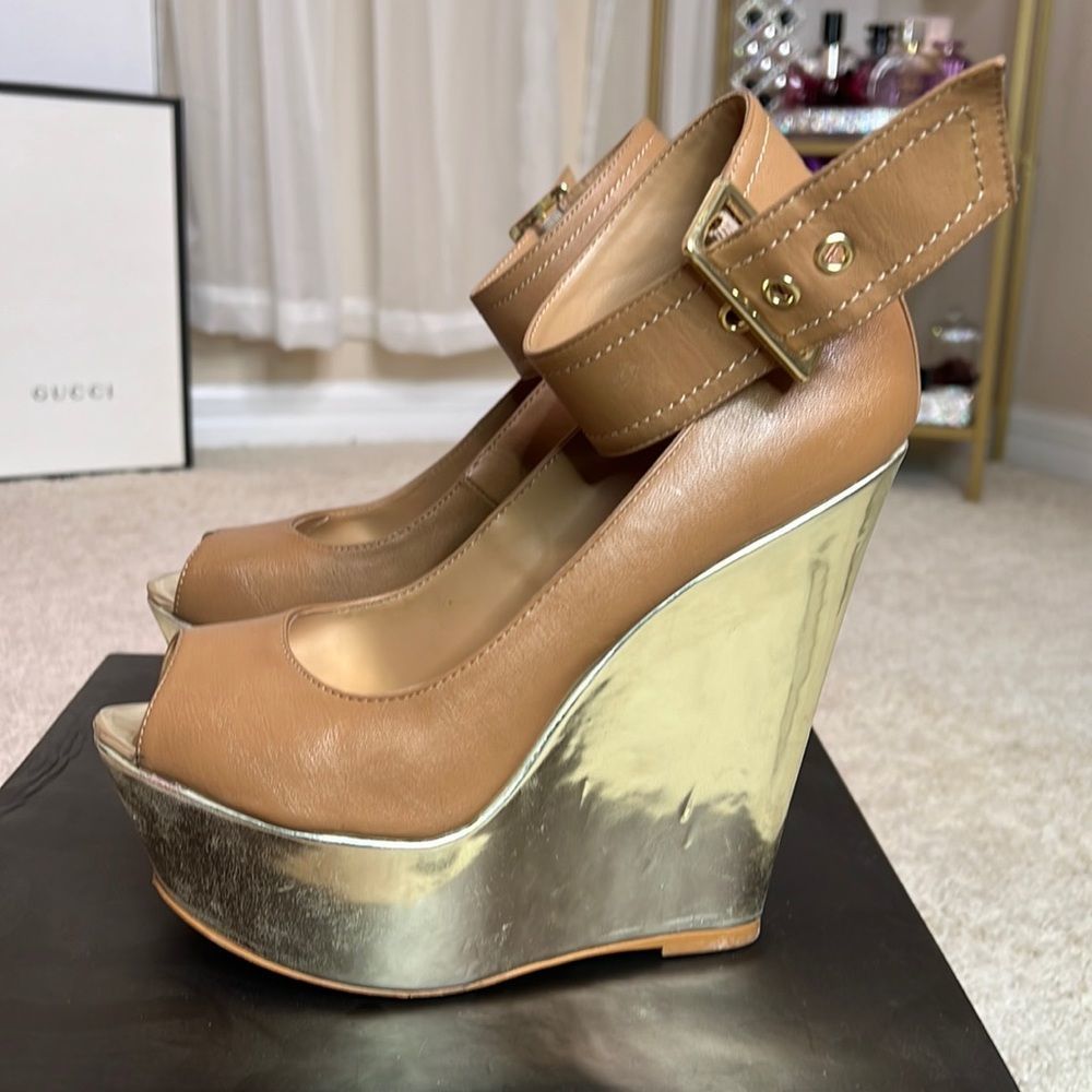 Bebe tan Isabel platform ankle strap heels